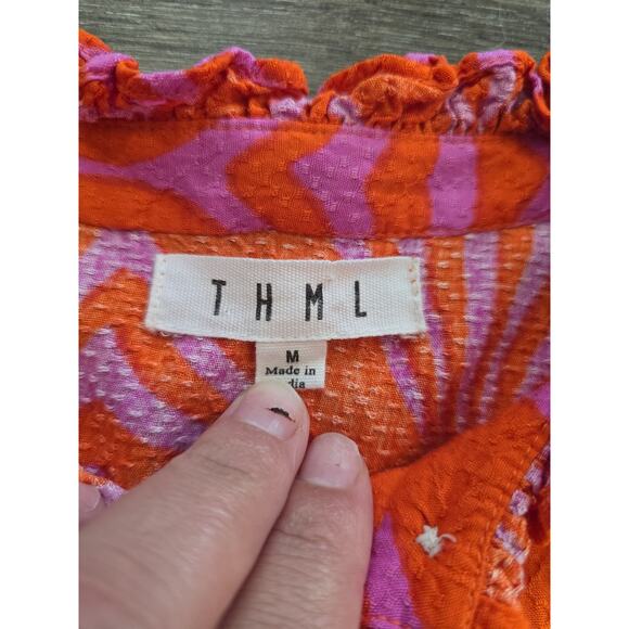 THML Boho Peasant Top Orange Pink Geometric Print Tassel Blouse Size M Statement - Picture 7 of 10